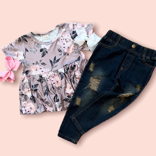 2 Piece Floral Babydoll Top & Blue Jean Set