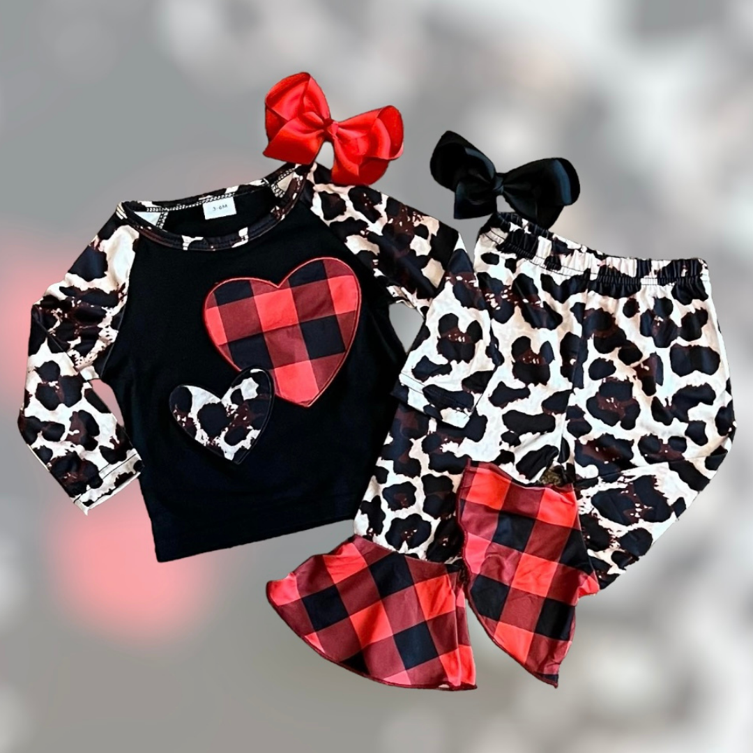 2 Piece Set - Double Heart Long Sleeve Shirt with Printed Bell Bottom Pants