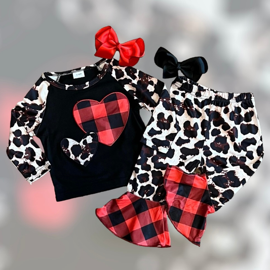 2 Piece Set - Double Heart Long Sleeve Shirt with Printed Bell Bottom Pants
