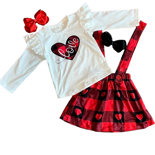 2 Piece Set - Single Love Heart Overall Dress with Long Sleeve Shirt