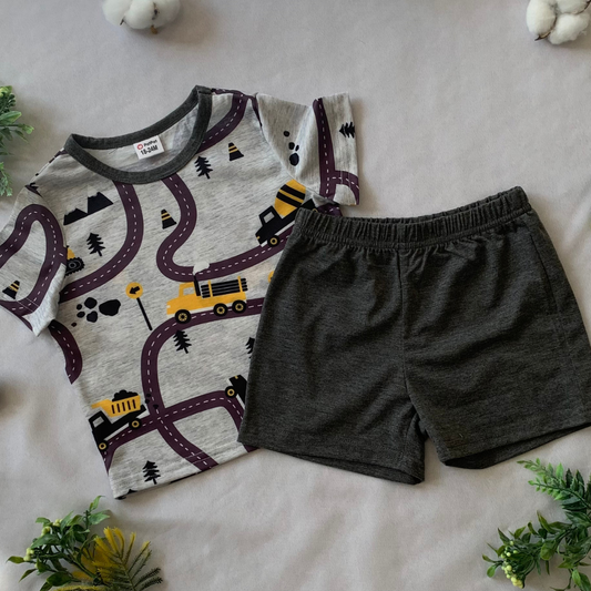 2 Piece Road Vehicle Print Grey Short Set
