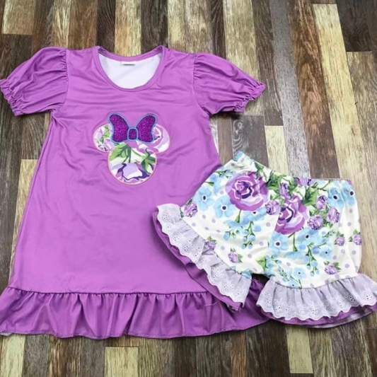Purple Mouse & Sparkle Bow Short Set