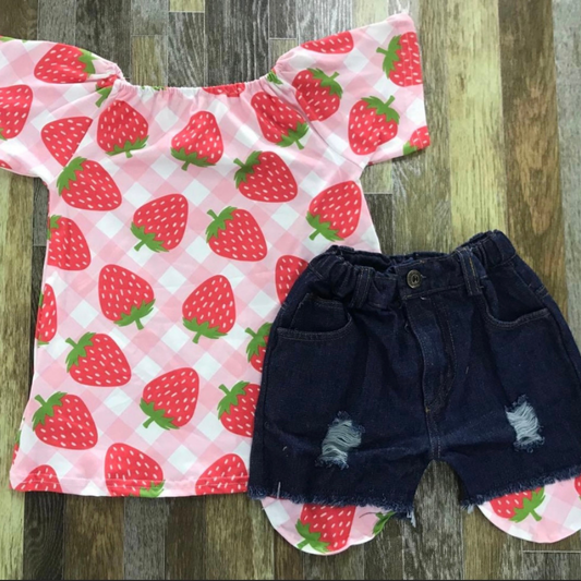 Pink Strawberry  & Blue Jean Short Set