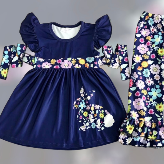 2 Piece Set - Baby Doll Shirt with Floral Print Ruffled Leggings