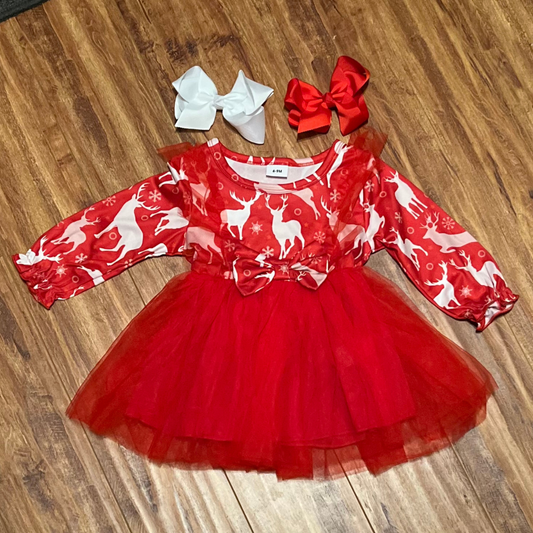 Red and White Christmas Dress with Reindeer Print