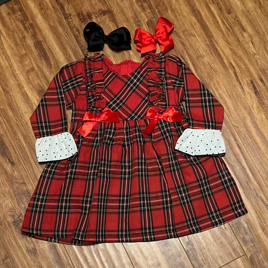 Red Christmas Dress with Bows and White Trim
