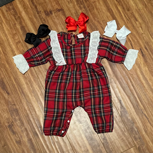 Red Christmas Romper with White Lace Trim