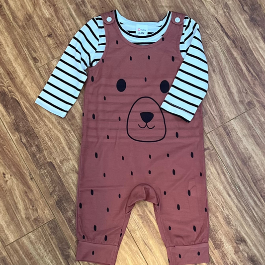 2 Piece Set Boy Striped Long Sleeve Shirt & Animal Overalls