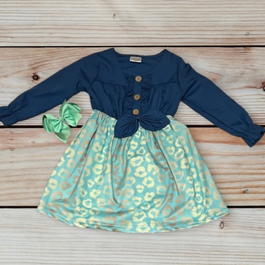 Green Leopard& Denim Button Dress