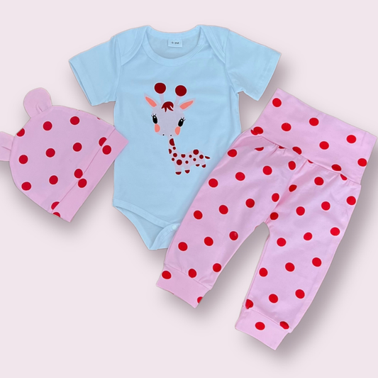 3 Piece Short Sleeve Giraffe Shirt  and Polka Dot Pant Set and Hat