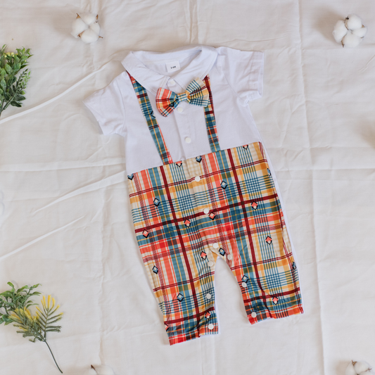 Short Sleeve Plaid Stripe Suspender Bow Tie