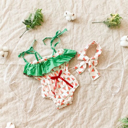 White with Green Ruffle Jumpsuit & Headband