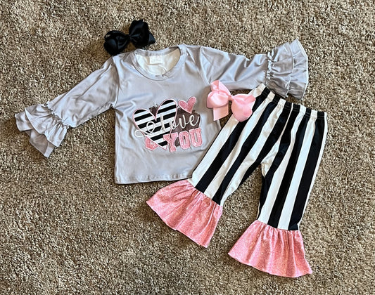 2 Piece Set - I Love you Long Sleeve Ruffle Shirt with Flared Leg Pants